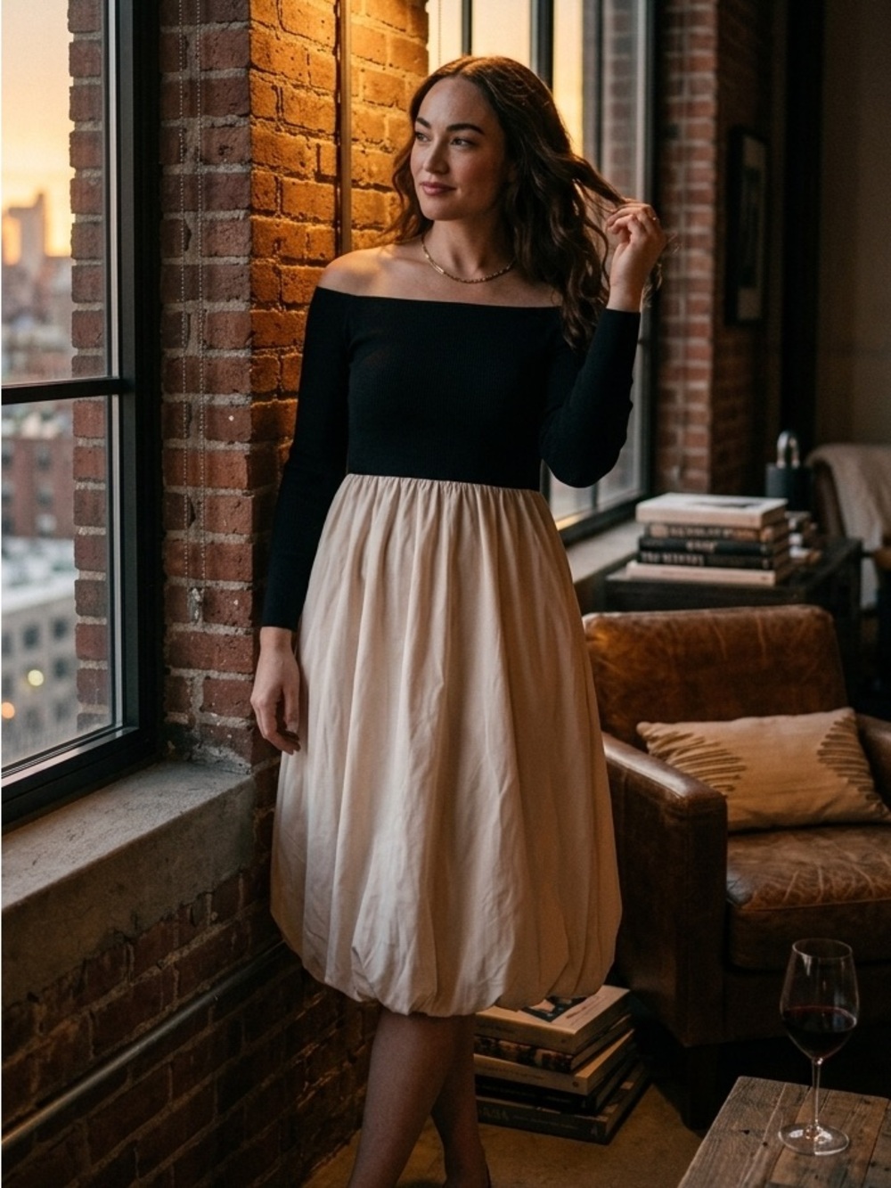 Black and Cream Off-Shoulder Dress